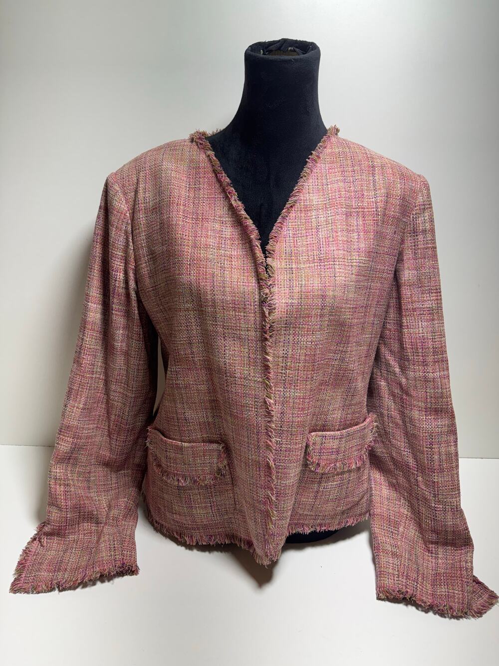 Jami’s Contemporary Women’s Tweed 100% Silk Pink Blazer Preppy Frayed Hem Sz 14